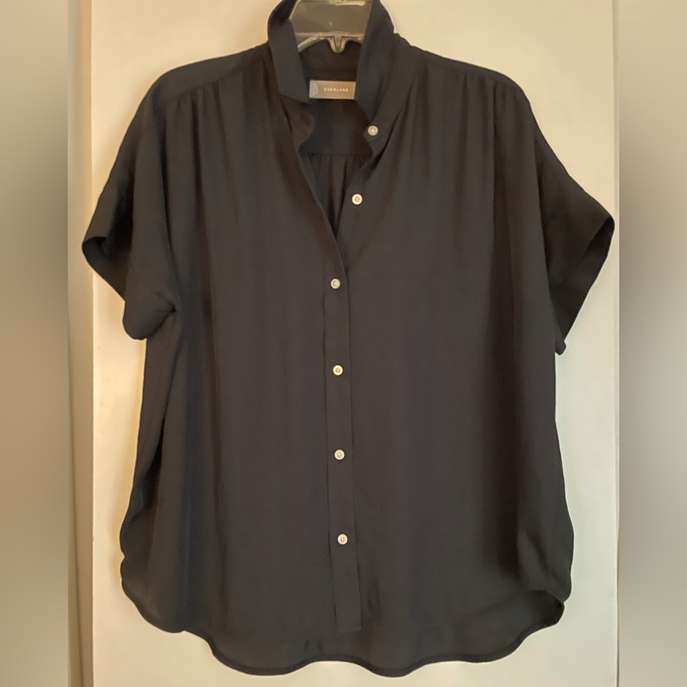 Sz 6: Everlane Satin Button Up Short Sleeve Shirt Blouse NWOT Black Sz 6